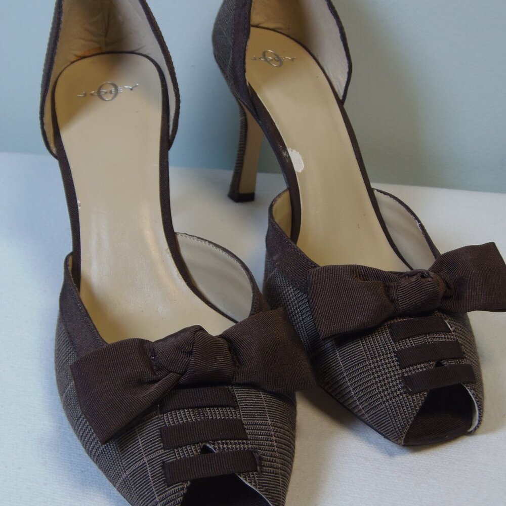 Joey O Women's SZ 10 Slip On Peep Toe Houndstooth 3" Pumps W/Bows 40s 50s   Joey